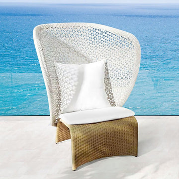 Hofer Rattan Outdoor Wingback Chair with White Cushion Pillow with Arched Bottom